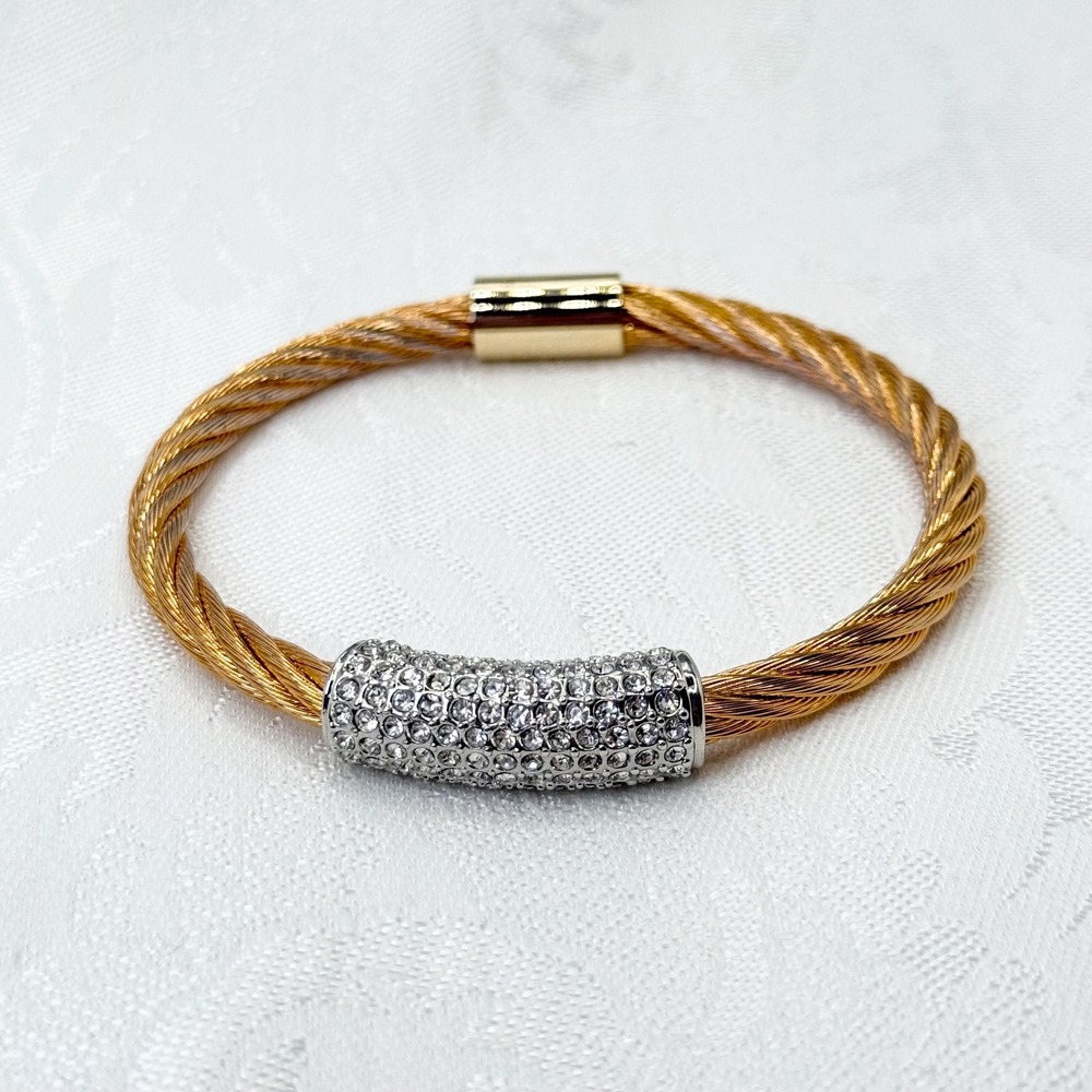 Vintage Gold Tone and Silver Pavé Rhinestones Braided Bangle Cable Wire Bracelet